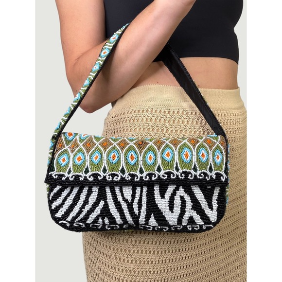 Cache Handbags - Cache Vintage Y2K Beaded Baguette Shoulder Bag Zebra Geometric Animal Print